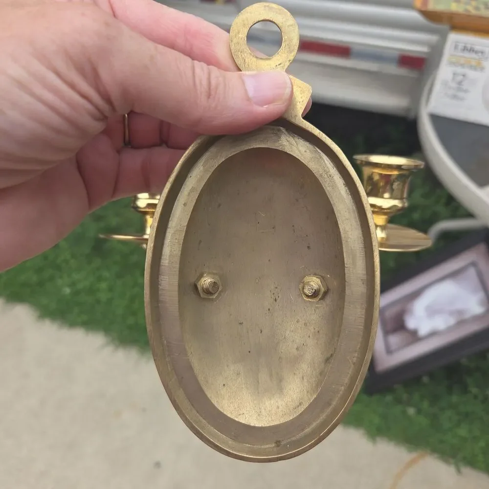 VTG Brass Wall Sconce Double Arm Candle Holder Candelabra Oval Mount